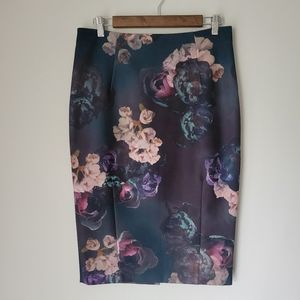 H&M Dark Green Purple and Pink Floral Midi Skirt